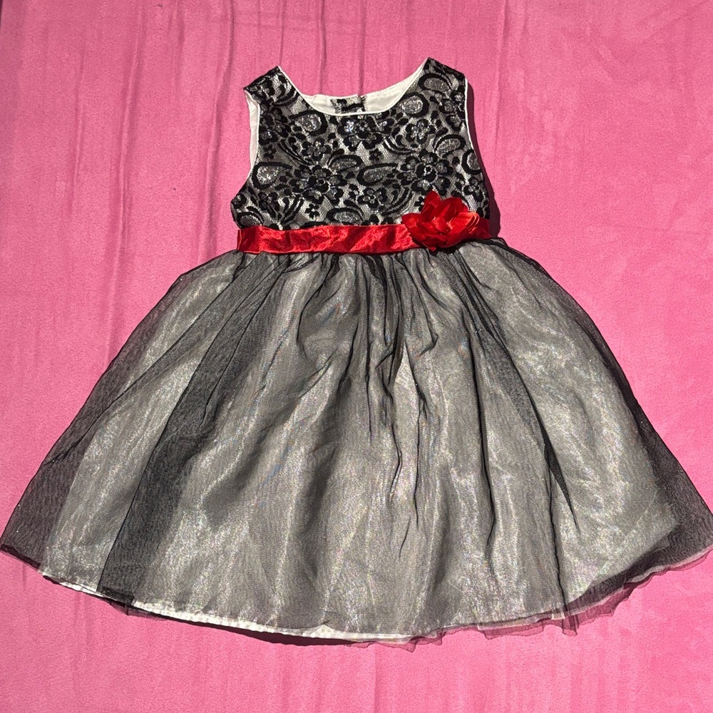 Youngland Black Lace Dress with Red Floral Belt